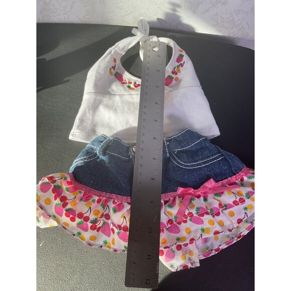 Build-A-Bear Workshop 2-Piece Outfit White Halter Top Denim Skirt Floral Print - Picture 3 of 7